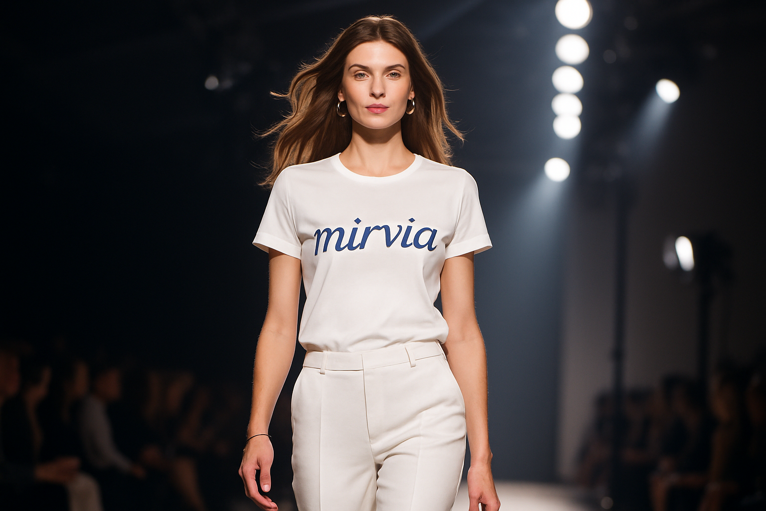 image shoud contain a model wearing a fancy white tshirt .on tshirt mirvia is written in blue colour and the model in walking on ramo .model is beautiful she is tall and white 